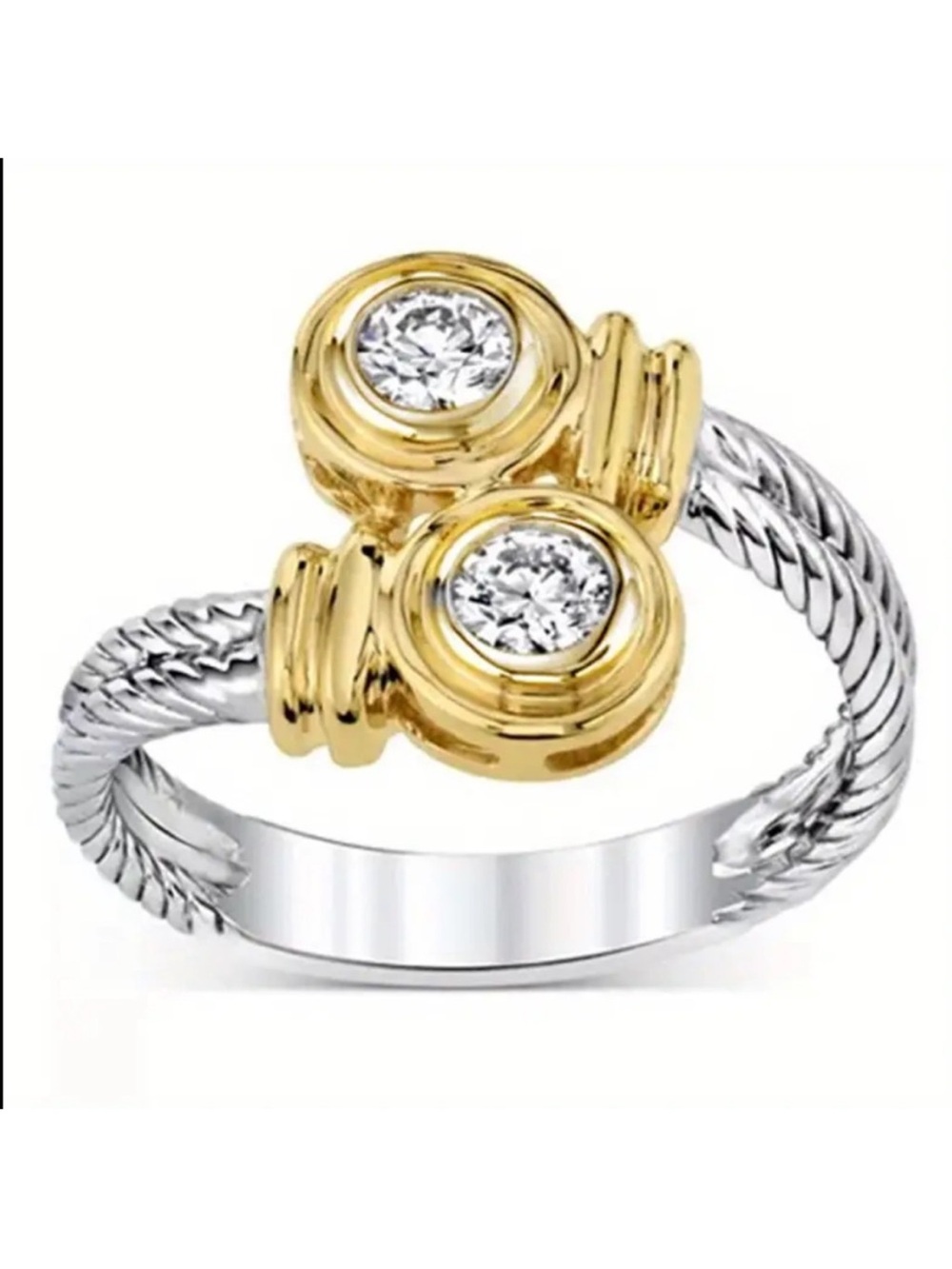 Two-Tone Gold and Silver Cable Ring with Bezel-Set Crystals
